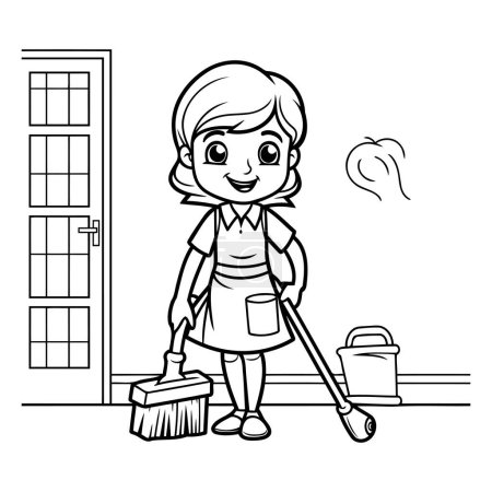 Cartoon Hausfrau mit Besen putzt den Hausvektor Illustration Grafikdesign