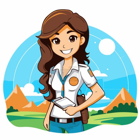 Ilustración de Ilustración de una mujer policía de pie frente a la montaña - Imagen libre de derechos
