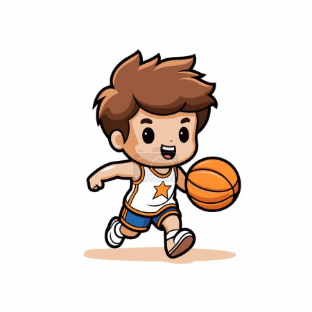Téléchargez les illustrations : Garçon mignon jouant au basket-ball Illustration vectorielle de bande dessinée. Isolé sur fond blanc - en licence libre de droit