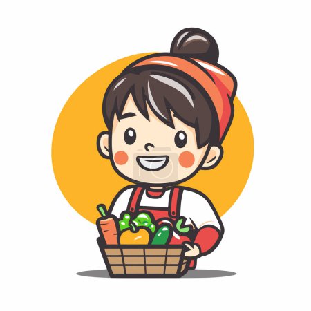 Illustration for Cute little girl holding basket full of vegetables. Vector illustration. - Royalty Free Image
