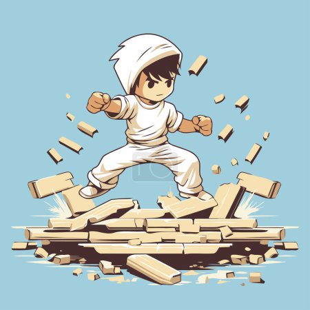 Illustration for Karate boy on the background of broken bricks. Vector illustration. - Royalty Free Image