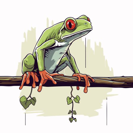 Téléchargez les illustrations : Illustration d'une grenouille verte assise sur une branche. illustration vectorielle - en licence libre de droit