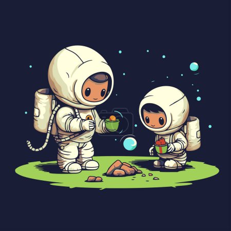 Ilustración de Astronauta niño y niña jugando en el campo. Ilustración vectorial. - Imagen libre de derechos
