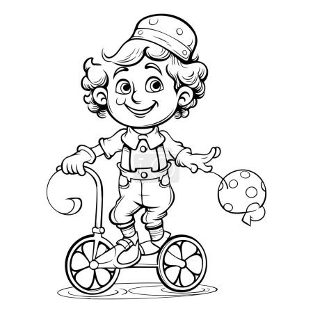 Téléchargez les illustrations : Livre à colorier pour enfants - Garçon sur un tricycle avec balle - en licence libre de droit