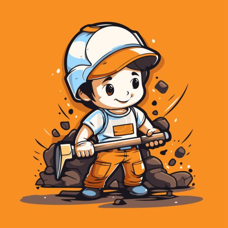 Illustration for Cartoon miner boy with a pickaxe. Vector illustration on orange background. - Royalty Free Image