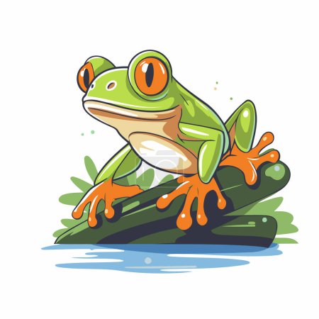 Illustration for Cute cartoon frog sitting on a rock. Vector illustration isolated on white background. - Royalty Free Image