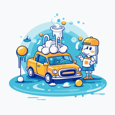 Téléchargez les illustrations : Dessin animé garçon lavage de voiture sous la pluie. Illustration vectorielle pour votre design - en licence libre de droit