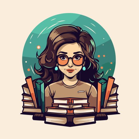 Ilustración de Ilustración vectorial de una chica en gafas con un montón de libros. - Imagen libre de derechos