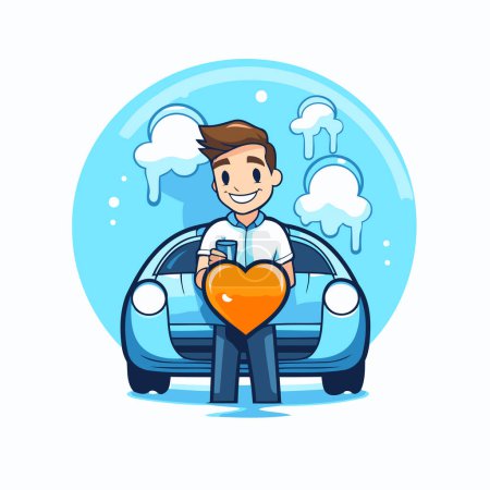 Illustration for Young man driving a car and holding a heart in his hand. Vector illustration. - Royalty Free Image