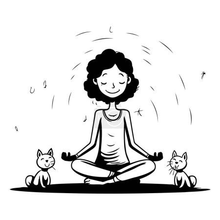 Téléchargez les illustrations : Femme méditant avec chat et chien. Illustration vectorielle dans le style dessin animé. - en licence libre de droit