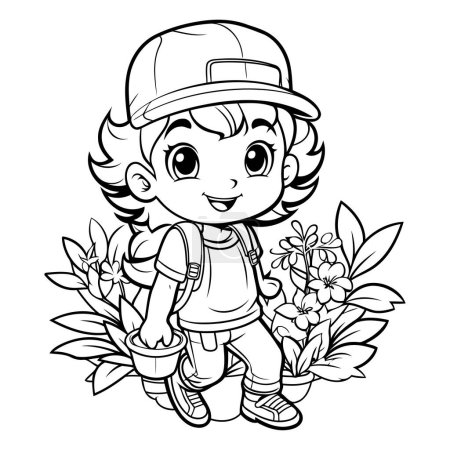 Téléchargez les illustrations : Coloriage contour d'un mignon petit garçon avec des fleurs - en licence libre de droit