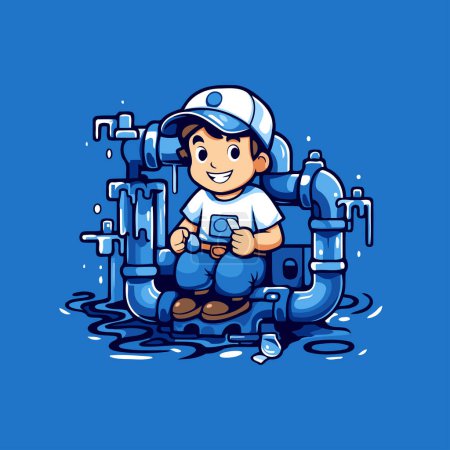 Illustration for Plumber cartoon character. Vector illustration of a plumber in uniform and helmet. - Royalty Free Image