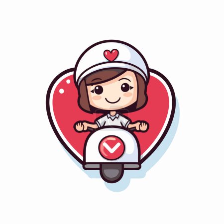 Illustration for Cute cartoon girl on scooter with heart icon. Vector illustration. - Royalty Free Image