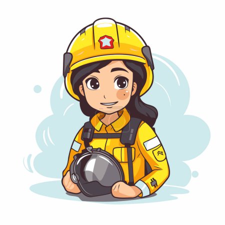 Téléchargez les illustrations : Jolie fille pompier avec casque. Illustration vectorielle dans le style dessin animé. - en licence libre de droit