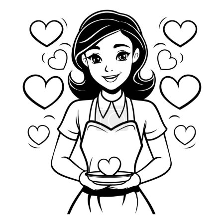 Téléchargez les illustrations : Dessin animé noir et blanc Illustration d'une chef féminine tenant une assiette avec un cœur autour d'elle - en licence libre de droit