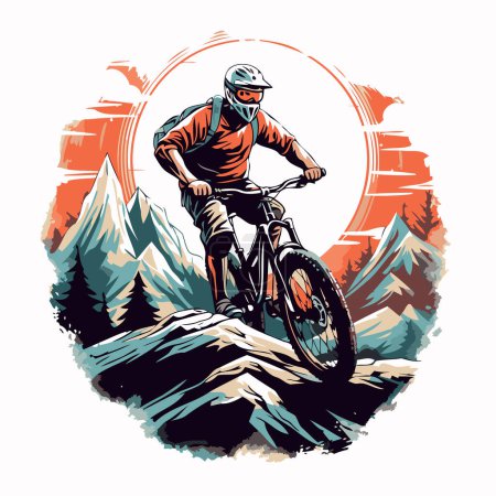 Illustration for Mountain biker rides on the high mountains. Vector illustration. - Royalty Free Image