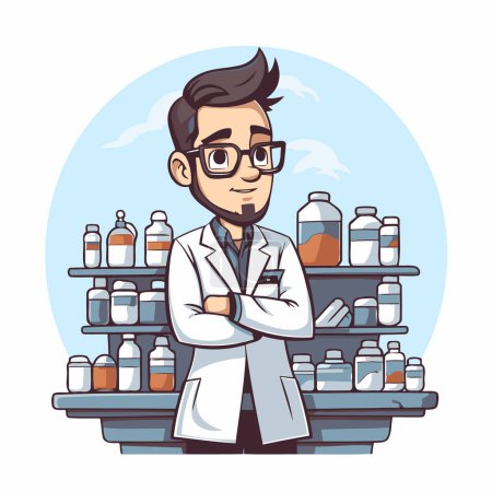 Illustration for Handsome pharmacist cartoon character. Vector illustration in cartoon style. - Royalty Free Image