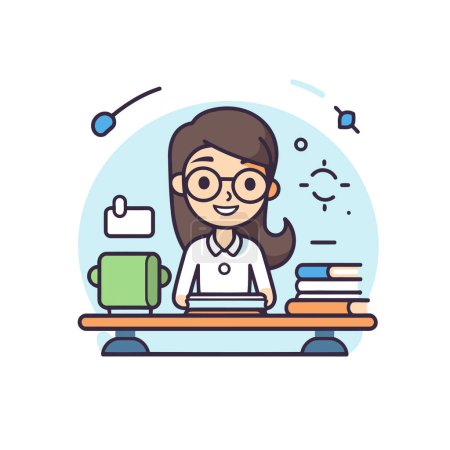 Téléchargez les illustrations : Illustration vectorielle de petite écolière en lunettes assise au bureau avec livres et ordinateur portable - en licence libre de droit