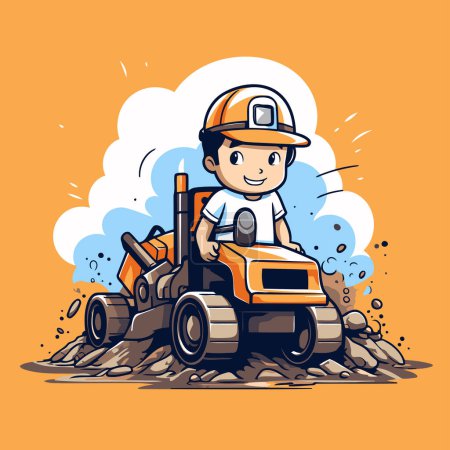 Illustration for Cartoon illustration of a boy driving a tractor on a construction site - Royalty Free Image