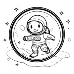 Astronaut in space. Black and white vector illustration for coloring book