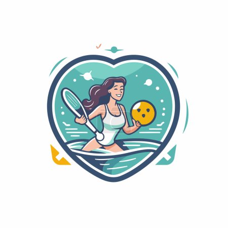 Téléchargez les illustrations : Illustration vectorielle d'une fille en maillot de bain avec une raquette et une balle en forme de cœur - en licence libre de droit