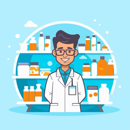 Illustration for Male pharmacist in a drugstore. Vector illustration in flat style - Royalty Free Image