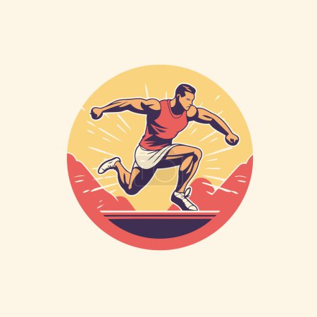 Ilustración de Ilustración vectorial de un corredor corriendo en las montañas visto desde el frente conjunto dentro del círculo hecho en estilo retro. - Imagen libre de derechos