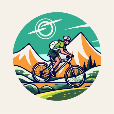 Téléchargez les illustrations : VTT cycliste équitation sur la route icône ronde vectoriel illustration graphisme - en licence libre de droit