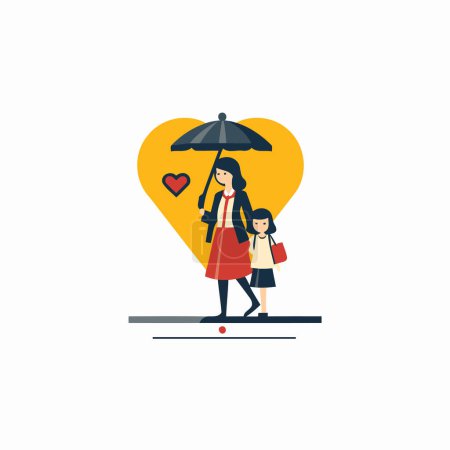 Illustration for Mother and daughter with umbrella and heart. Flat style vector illustration. - Royalty Free Image