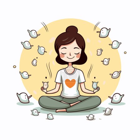 Illustration for Young woman meditating in lotus position. Vector illustration. Cartoon style. - Royalty Free Image