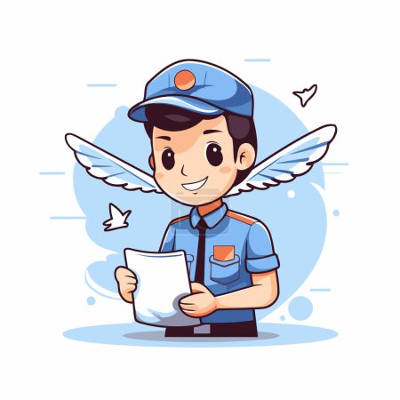 Illustration for Postman in blue uniform with wings and a letter. Vector illustration. - Royalty Free Image
