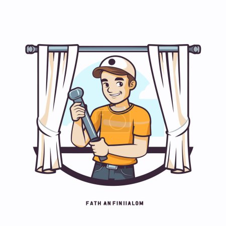 Illustration for Repairman with wrench and curtains. Vector illustration in cartoon style. - Royalty Free Image