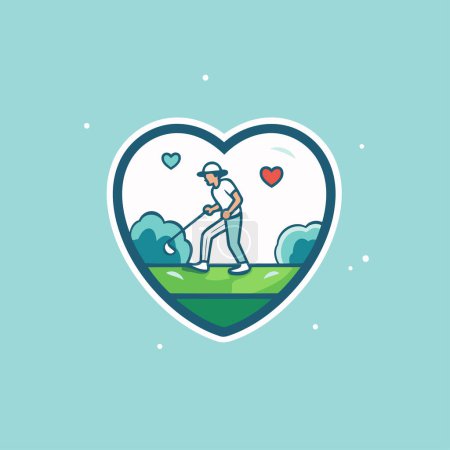 Golfista jugando golf en forma de corazón. Ilustración del vector de arte lineal.