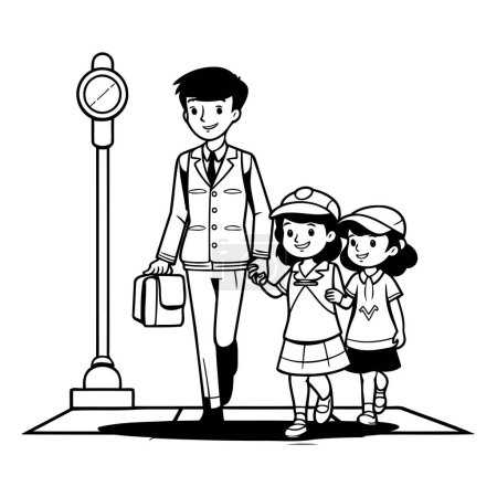 Ilustración de Linda pareja de niños pequeños con bolsa de escuela y el semáforo vector ilustración diseño gráfico - Imagen libre de derechos