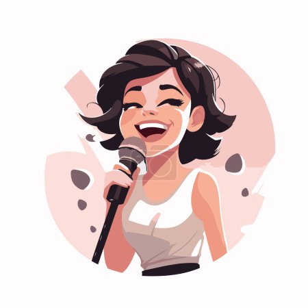 Illustration for Young woman singing karaoke. Vector illustration in cartoon style. - Royalty Free Image