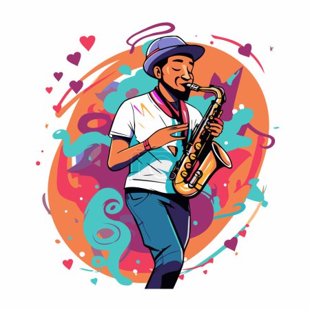 Téléchargez les illustrations : Illustration vectorielle d'un musicien de jazz jouant du saxophone sur fond coloré. - en licence libre de droit