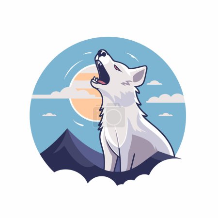 Téléchargez les illustrations : Illustration vectorielle d'un loup hurlant sur le fond des montagnes - en licence libre de droit