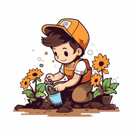 Téléchargez les illustrations : Mignon petit garçon arrosant des fleurs dans le jardin. Illustration vectorielle. - en licence libre de droit