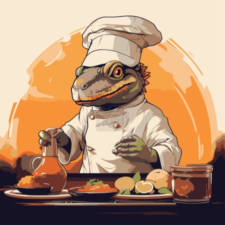 Téléchargez les illustrations : Illustration d'un chef crocodile avec une assiette de nourriture. - en licence libre de droit