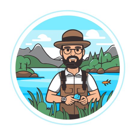 Illustration for Fisherman with a beard in a hat and glasses on a background of nature. Vector illustration - Royalty Free Image
