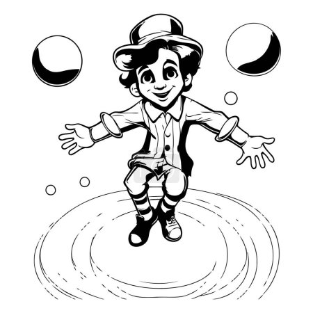 Téléchargez les illustrations : Illustration de bande dessinée d'un clown de cirque jonglant avec des boules en noir et blanc - en licence libre de droit