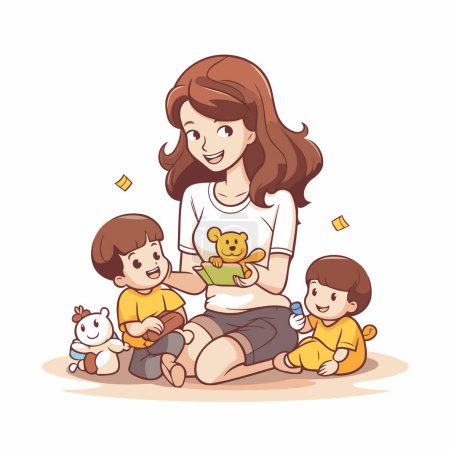 Ilustración de Madre e hijos jugando con juguetes. Ilustración vectorial en estilo de dibujos animados. - Imagen libre de derechos