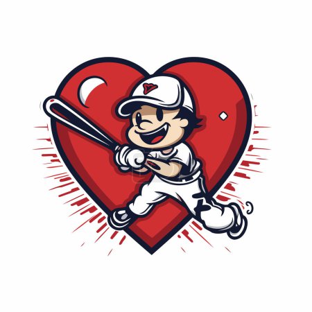 Illustration for Vector illustration of a boy baseball player holding a baseball bat and a red heart - Royalty Free Image
