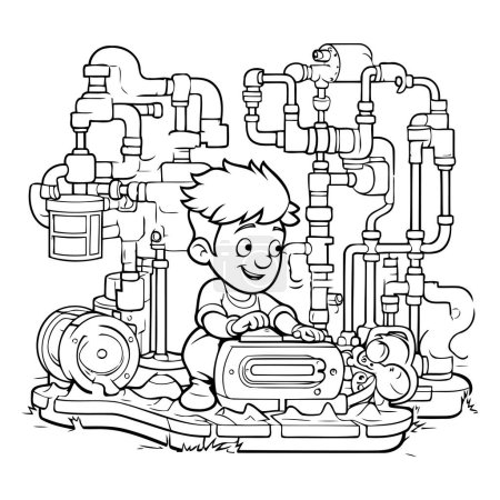 Téléchargez les illustrations : Illustration de bande dessinée en noir et blanc d'un jeune garçon réparant un tuyau d'eau à la maison pour un livre à colorier - en licence libre de droit