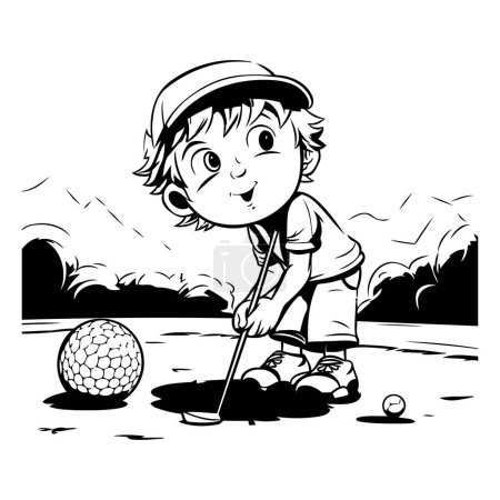 Illustration for Boy playing golf - Black and White Vector Illustration. Isolated on White Background. - Royalty Free Image