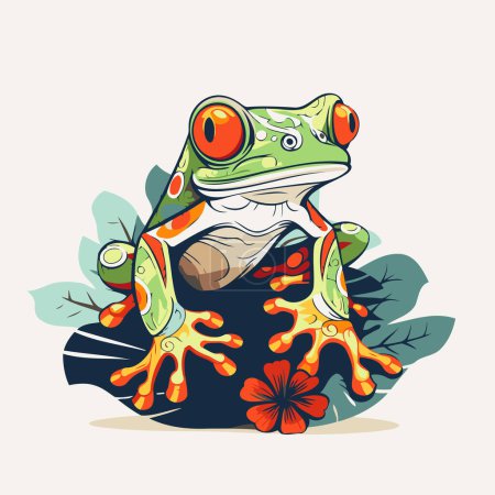 Frog sitting on a flower. Vector illustration in cartoon style.