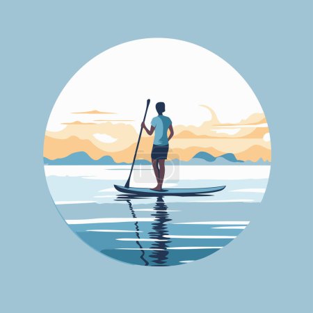 Téléchargez les illustrations : Un homme en stand up paddle board. Illustration vectorielle de style plat. - en licence libre de droit