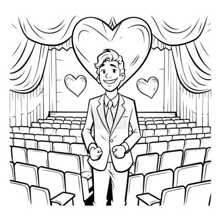 Illustration for Black and white illustration of a man in a suit standing in front of a large heart in a cinema hall. - Royalty Free Image