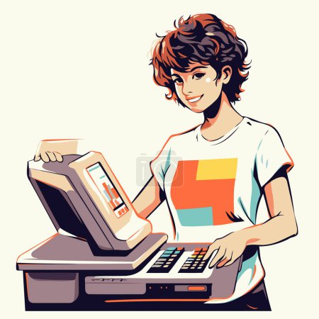 Ilustración de Ilustración de estilo retro de un joven usando una caja registradora. - Imagen libre de derechos