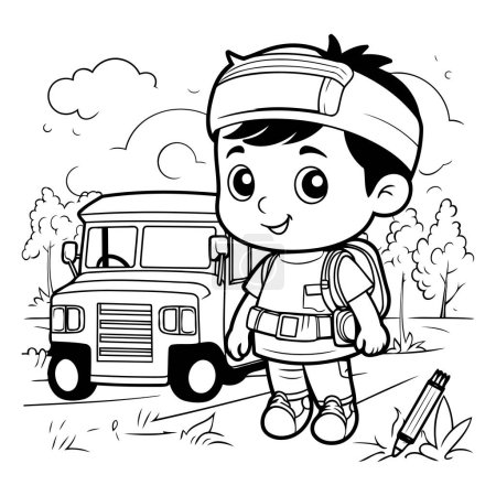Téléchargez les illustrations : Illustration de bande dessinée en noir et blanc d'un écolier avec sac à dos et autobus scolaire pour livre à colorier - en licence libre de droit